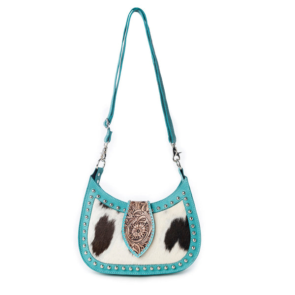 MYRA SANTA FE HANDTOOLED BAG FOR WOMEN IN TURQUOISE WITH HAIRON AND STUDDED DETAIL