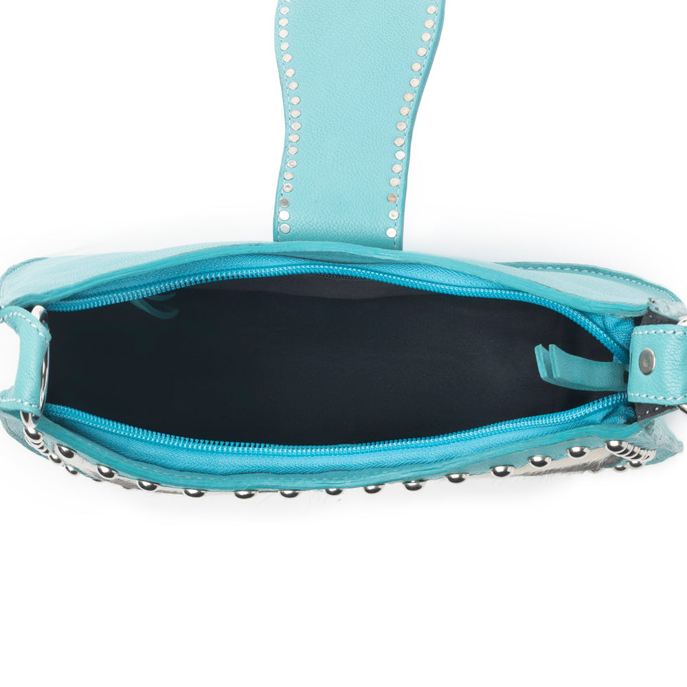 MYRA SANTA FE HANDTOOLED BAG FOR WOMEN IN TURQUOISE WITH HAIRON AND STUDDED DETAIL