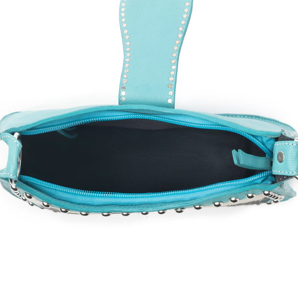 MYRA SANTA FE HANDTOOLED BAG FOR WOMEN IN TURQUOISE WITH HAIRON AND STUDDED DETAIL