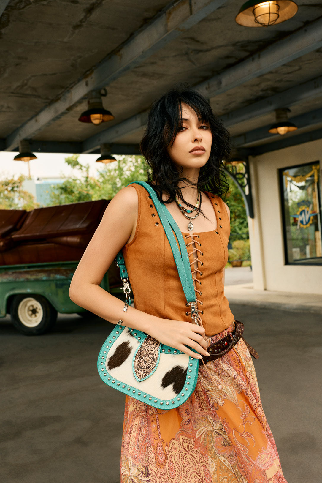 MYRA SANTA FE HANDTOOLED BAG FOR WOMEN IN TURQUOISE WITH HAIRON AND STUDDED DETAIL