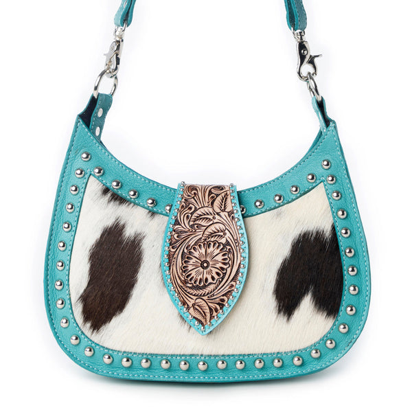 MYRA SANTA FE HANDTOOLED BAG FOR WOMEN IN TURQUOISE WITH HAIRON AND STUDDED DETAIL