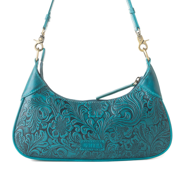 MYRA HERITAGE VINE EMBOSSED LEATHER BAG FOR WOMEN IN TURQUOISE