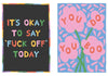 Two graphic designs: one with colorful text on a black background and another with pink flowers and text on a blue background.