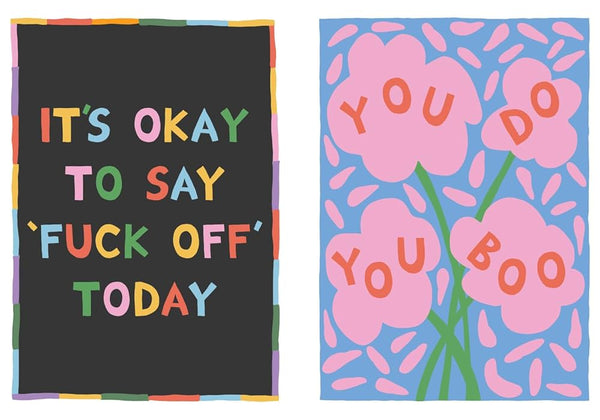 Two graphic designs: one with colorful text on a black background and another with pink flowers and text on a blue background.
