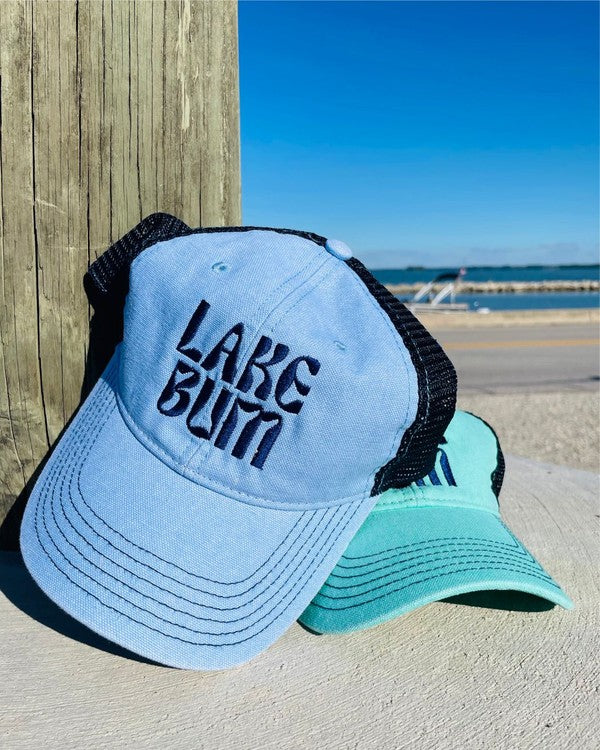 NEW LOGO CURVY LAKE BUM EMBROIDERED TRUCKER HAT
