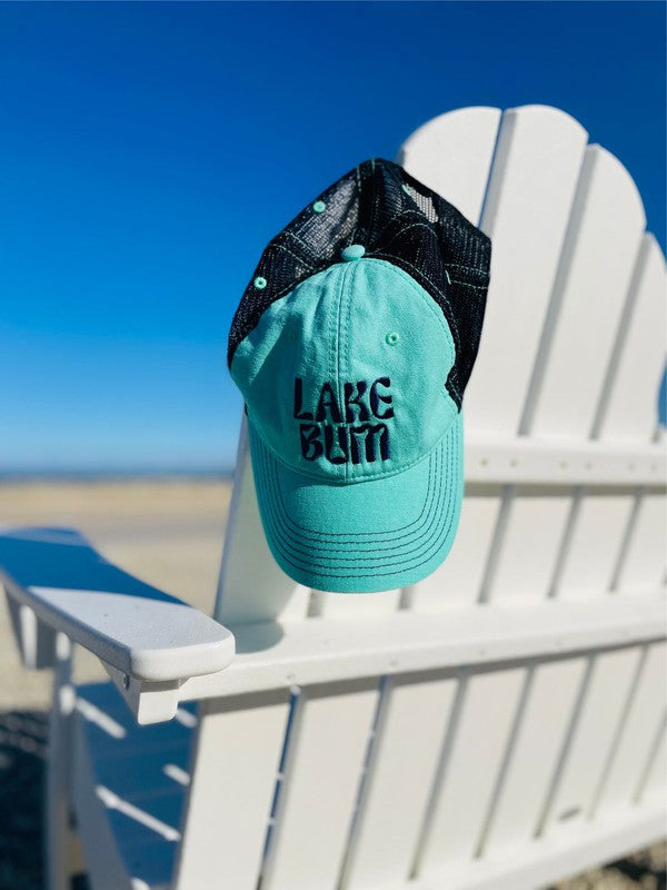 NEW LOGO CURVY LAKE BUM EMBROIDERED TRUCKER HAT