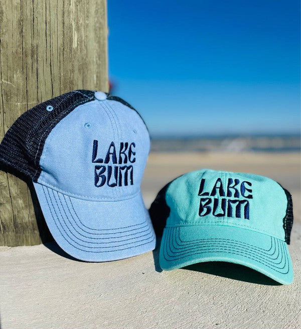 NEW LOGO CURVY LAKE BUM EMBROIDERED TRUCKER HAT