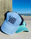 NEW LOGO CURVY LAKE BUM EMBROIDERED TRUCKER HAT
