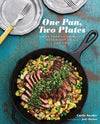 Cookbook cover with a cast iron skillet of food and utensils on a textured blue background