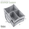 Gray diaper caddy with dimensions and Parker Baby branding on a white background