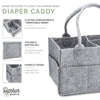Gray diaper caddy with features listed on a white background