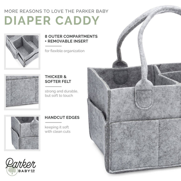 Gray diaper caddy with features listed on a white background