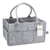 Gray felt baby organizer with handles and a visible brand tag on a white background
