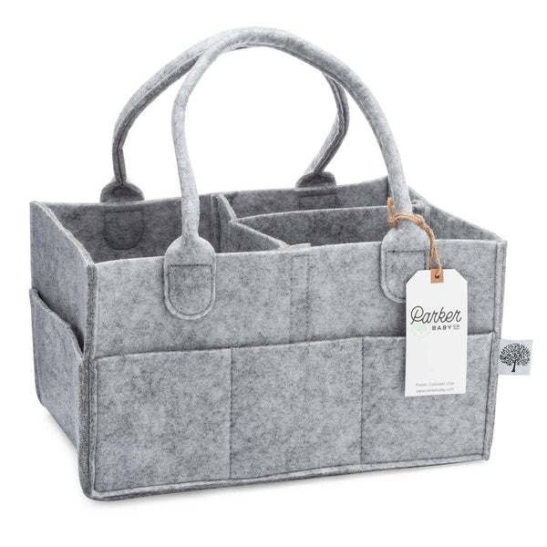 Gray felt baby organizer with handles and a visible brand tag on a white background