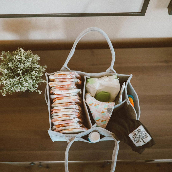 Fabric storage bag with compartments containing baby items on a wooden surface.