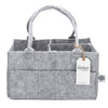 Gray felt baby organizer with handles and a visible brand tag on a white background