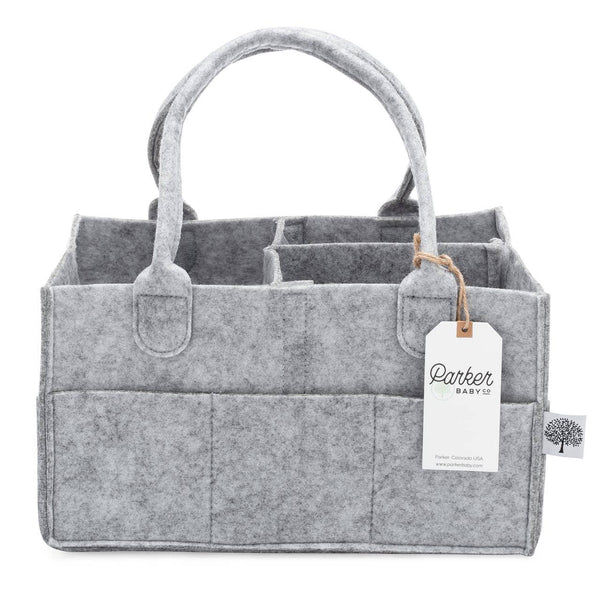 Gray felt baby organizer with handles and a visible brand tag on a white background
