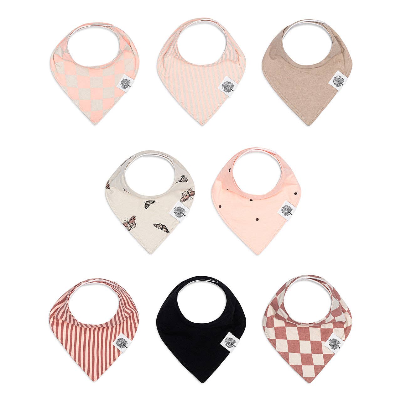 Set of nine baby bibs with various patterns on a white background