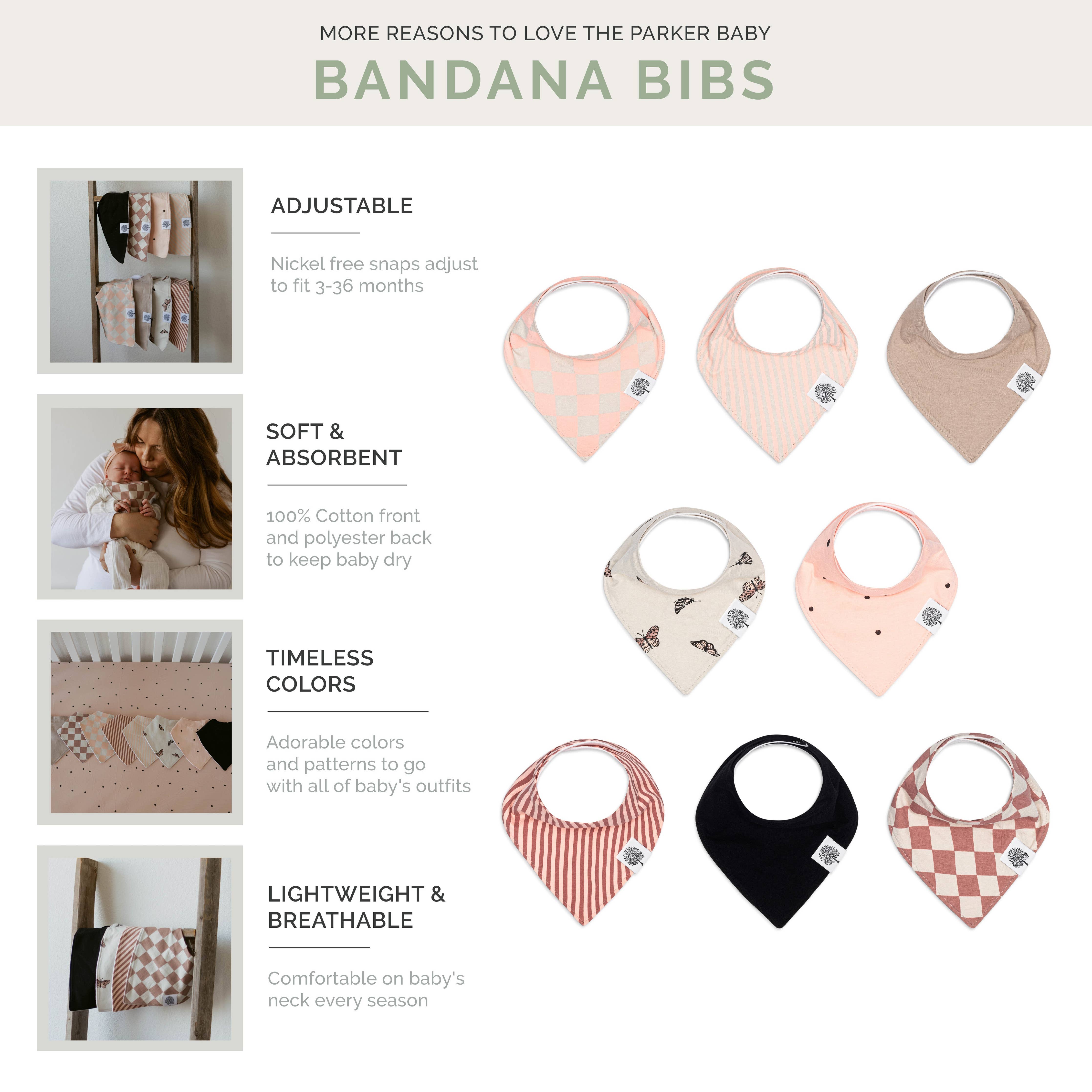 Parker Baby bandana bibs with features listed on a white background