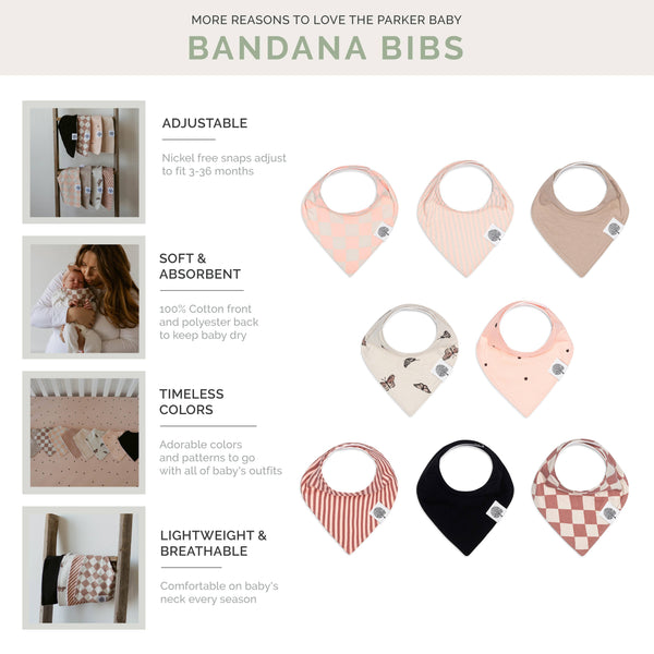 Parker Baby bandana bibs with features listed on a white background