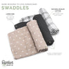 Set of three swaddles with different patterns and colors on a white background, featuring text about Parker Baby swaddles.