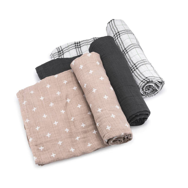 Set of rolled-up fabric swaddles in various patterns on a white background
