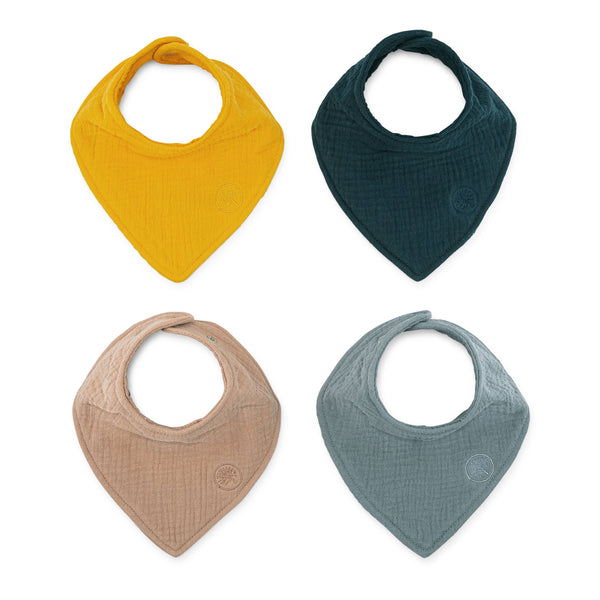 Four colorful baby bibs on a white background