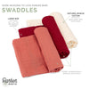 Set of three swaddles in red and beige with text highlighting features on a white background.