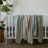 White crib with green and beige textured blankets in a room with a plant.
