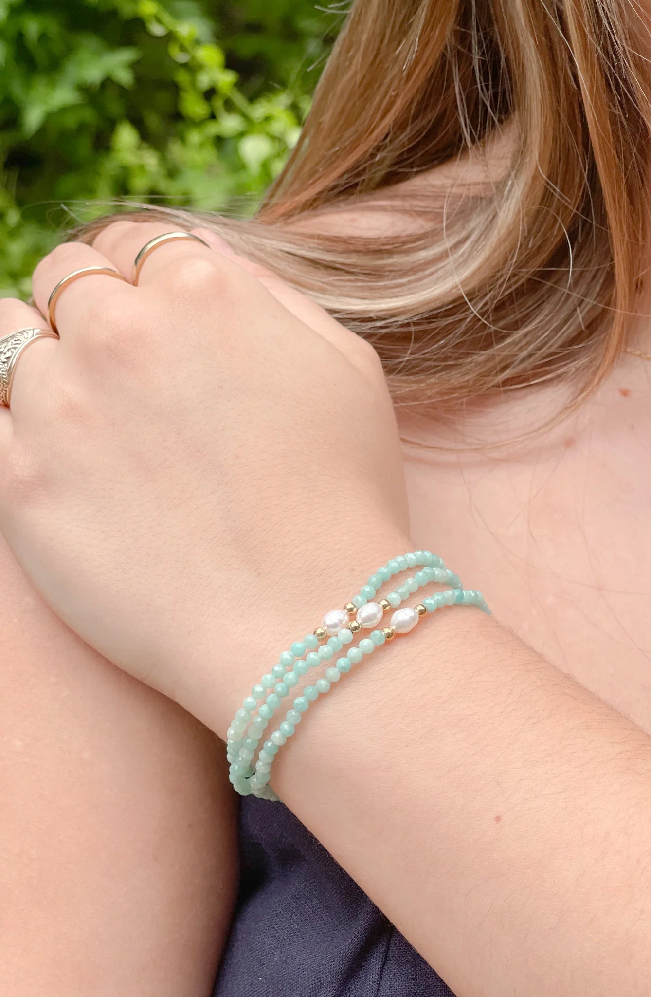 4MM FACETED AMAZONITE WITH HEMATITE AND PEARL