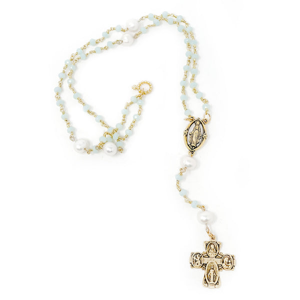 15.5" LIGHT BLUE AGATE ROSARY WITH BLESSED MOTHER CENTER