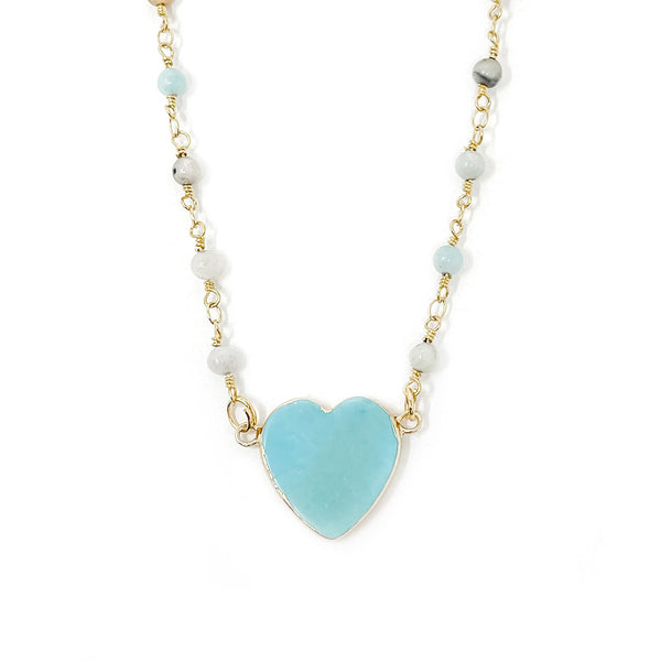 18" AMAZONITE PETITE ROSARY CHAIN NECKLACE WITH BLUE HOWLITE HEART