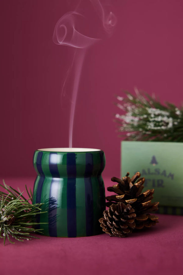 CABANA 6.5 OZ GREEN AND NAVY STRIPED CERAMIC CANDLE - BALSAM & FIR
