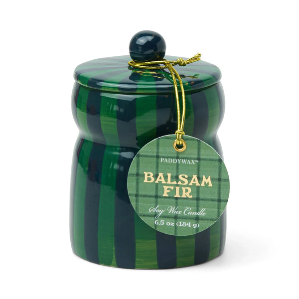 CABANA 6.5 OZ GREEN AND NAVY STRIPED CERAMIC CANDLE - BALSAM & FIR