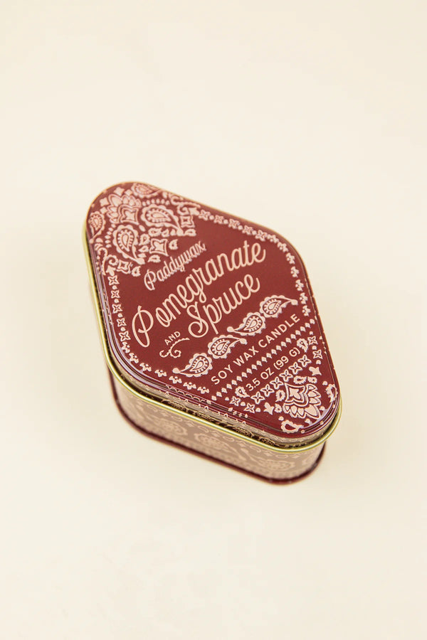 STATION 3.5 OZ RED BANDANA PATTERNED TIN - POMEGRANATE SPRUCE