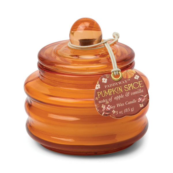 Paddywax Pumpkin Spice candle with a decorative label on a white background