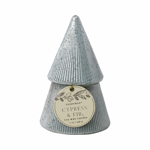 RIBBED MERCURY WHITE STACKED TREE CANDLE - CYPRESS & FIR 7OZ