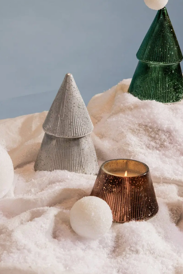 RIBBED MERCURY WHITE STACKED TREE CANDLE - CYPRESS & FIR 7OZ