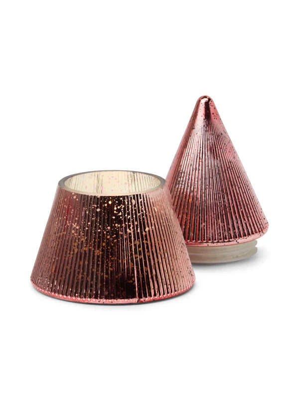 RIBBED MERCURY PINK STACKED TREE CANDLE - CYPRESS & FIR
