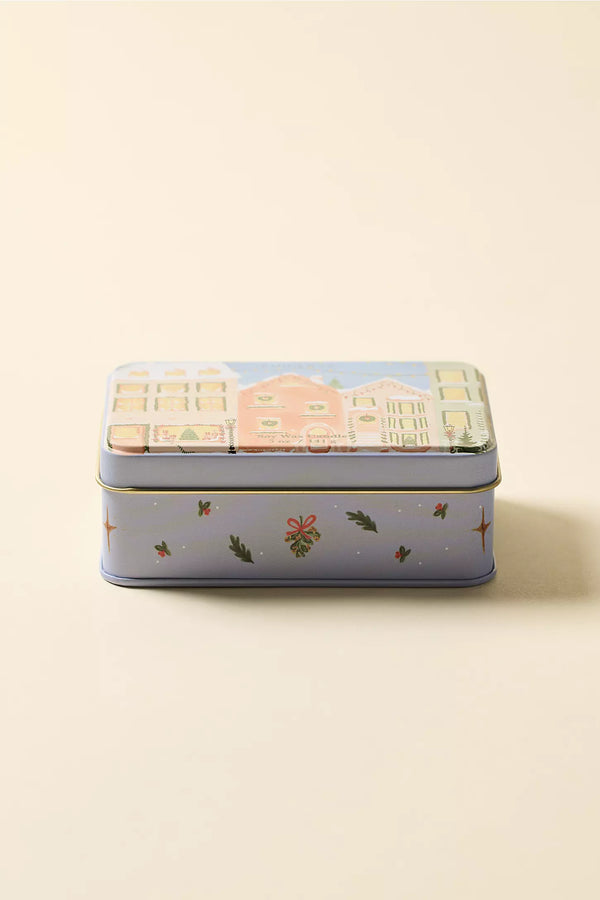 MATTE PRINTED TIN WITH CHRISTMAS VILLAGE SCENE - GINGERBREAD & VANILLA