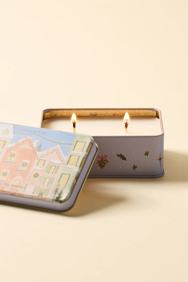 MATTE PRINTED TIN WITH CHRISTMAS VILLAGE SCENE - GINGERBREAD & VANILLA