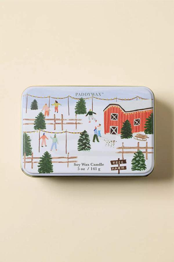MATTE PRINTED TIN WITH TREE FARM SCENE - TOBAC & PINE