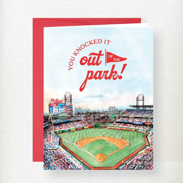 Greeting card with baseball stadium illustration and text 'You knocked it out of the park!' on a white background.