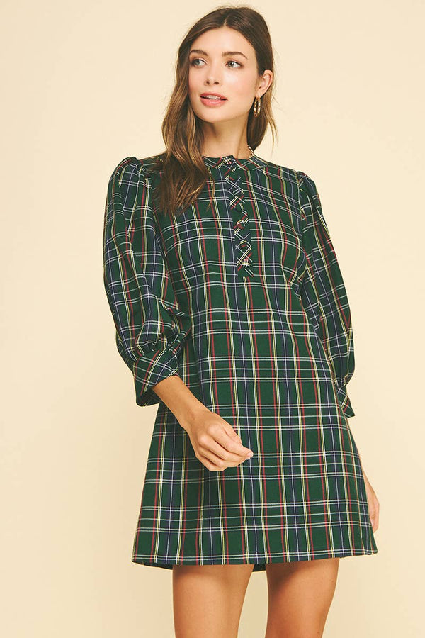 GREEN PLAID BUTTON-DOWN MINI DRESS