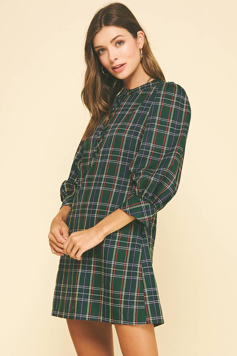 GREEN PLAID BUTTON-DOWN MINI DRESS