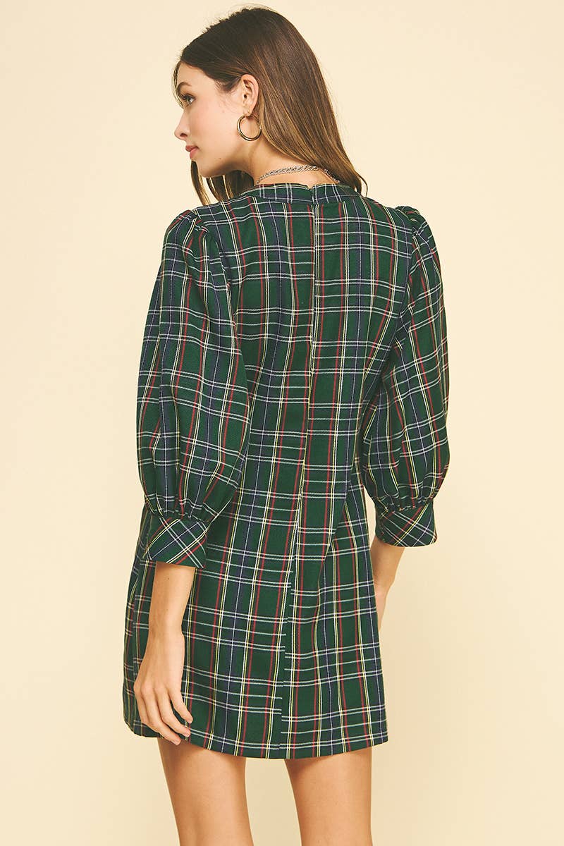 GREEN PLAID BUTTON-DOWN MINI DRESS