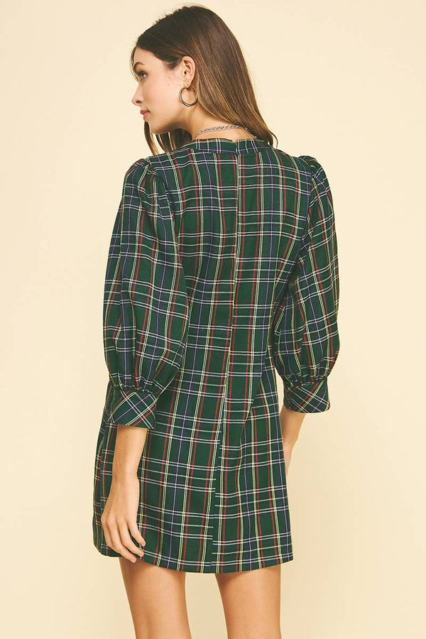 GREEN PLAID BUTTON-DOWN MINI DRESS