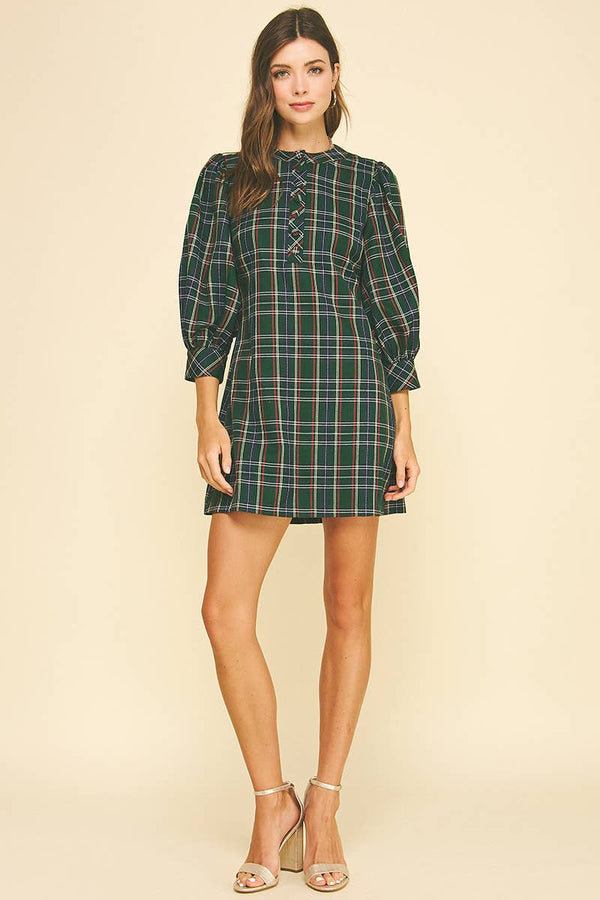 GREEN PLAID BUTTON-DOWN MINI DRESS