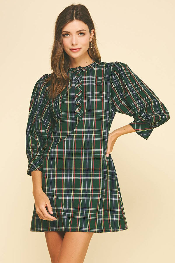 GREEN PLAID BUTTON-DOWN MINI DRESS