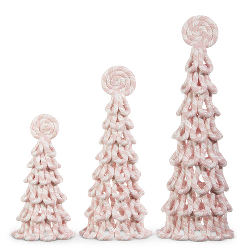 Set of three decorative claydough trees with light pink and white striped ribbons, each tree is placed against a white background.